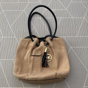 Michael Kors Handbag Medium Ring Straw Tote w/ Black Leather Accents